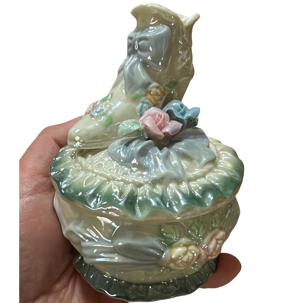 Vintage Iridescent Porcelain Victorian Boot Trinket Box Floral Bud Vase Lid